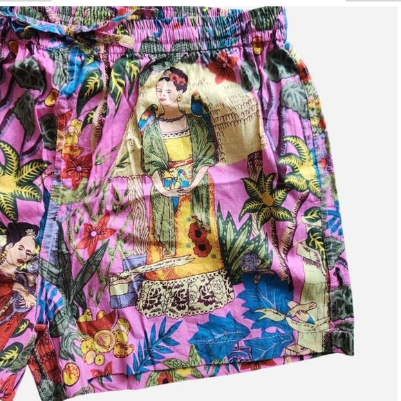 Little Tibet Frida Kahlo Multicolored Tropical Print Cotton Shorts Size L - Picture 3 of 6